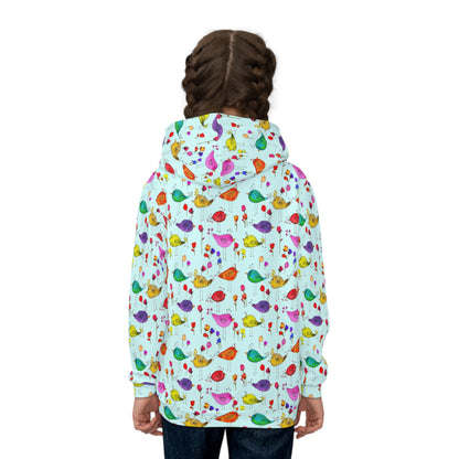 Children's Hoodie - Colorful Watercolor Silly Birds And Flowers On Blue Sky