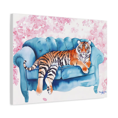 Canvas Art – Tiger Lounging On Blue Couch Wall Decor