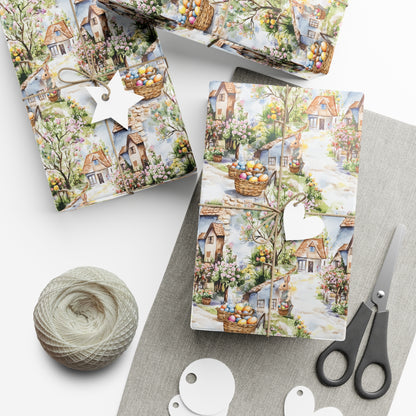 Wrapping Paper - Easter Bunny Village Watercolor Toile Gift Wrap