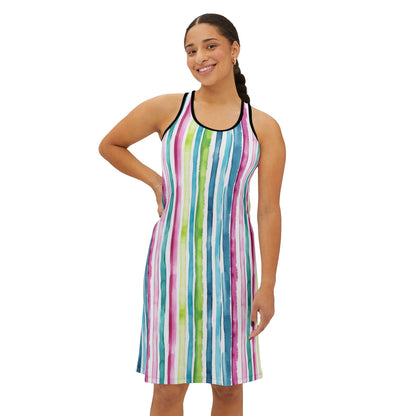 Women's Racerback Dress - Striped Aqua, Fuchsia, Chartreuse and White