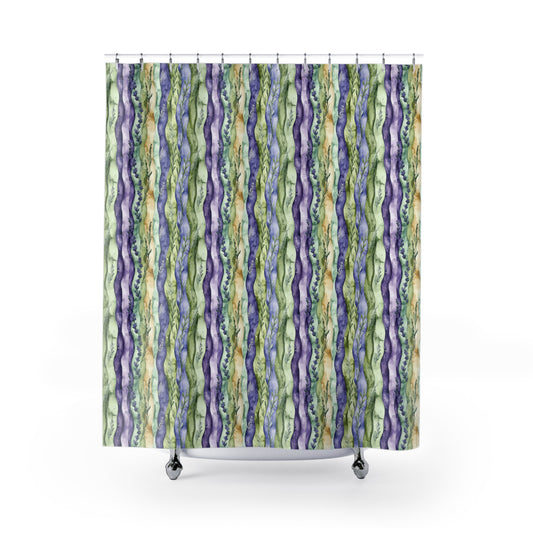 Shower Curtain - Bohemian Wavy Striped Floral With Lavender, Gold And Green