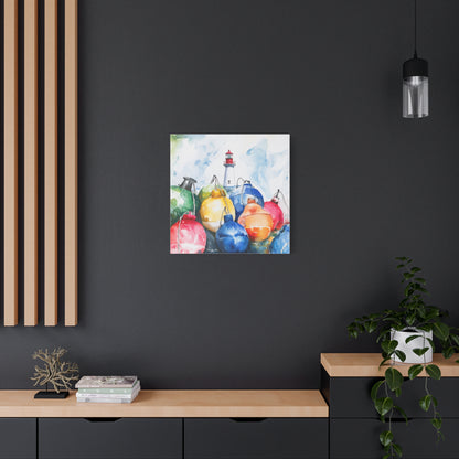 Canvas Art - Coastal Lighthouse And Colorful Buoys Wall Decor