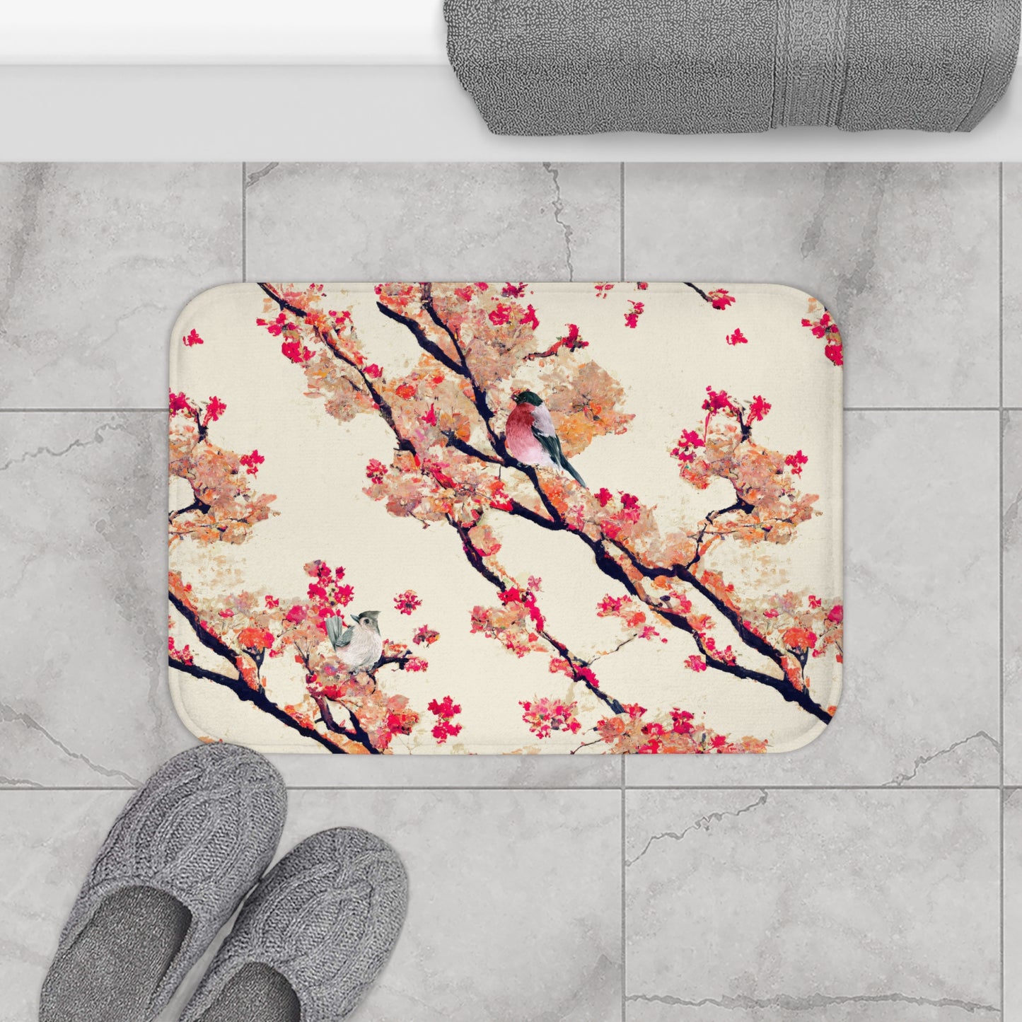 Bath Mat - Vintage Asian Chinoserie Floral With Birds