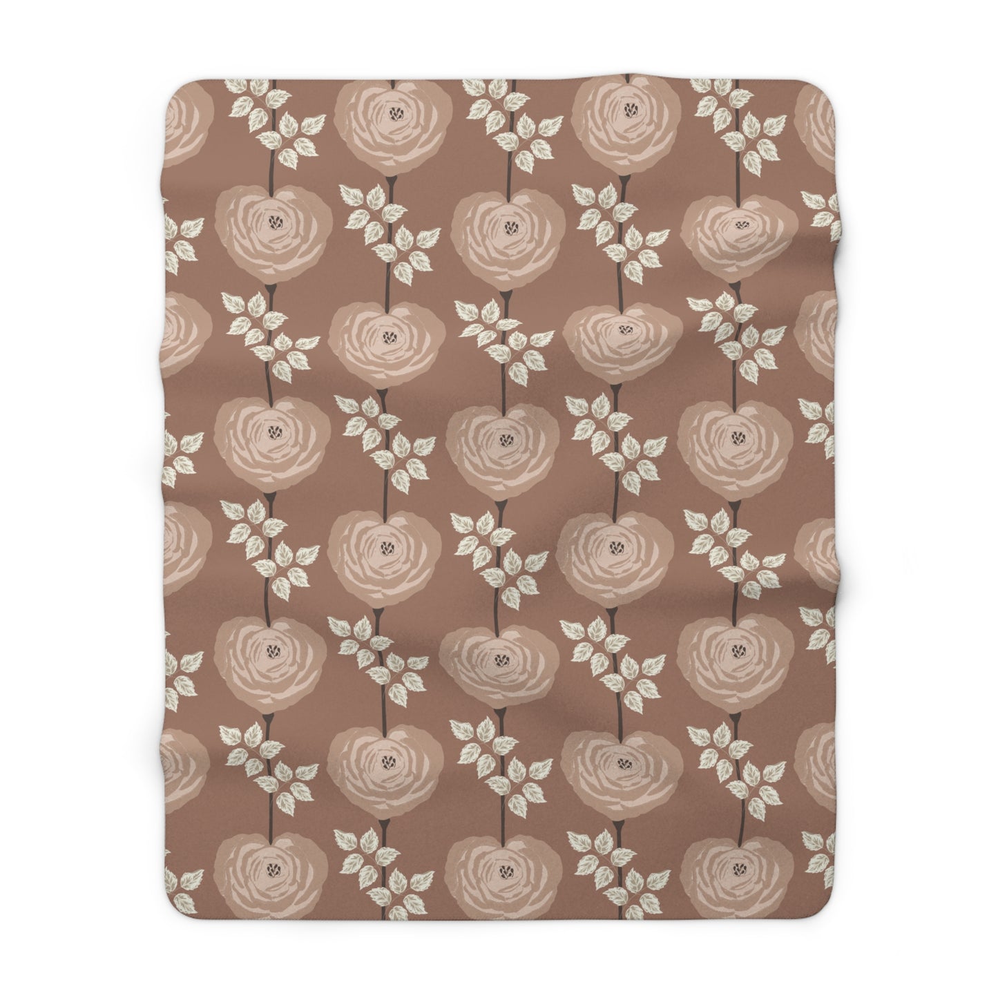 Sherpa Fleece Blanket - Mocha And Cream Rose Heart Floral Art Decor