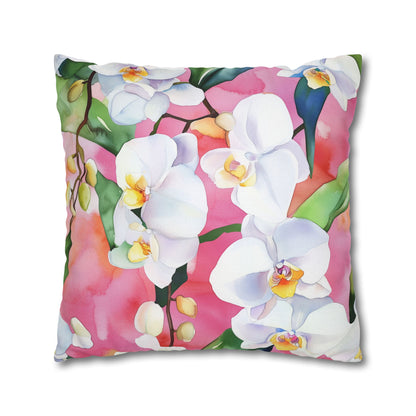 Square Pillow Cover - White Orchids On Pink Background