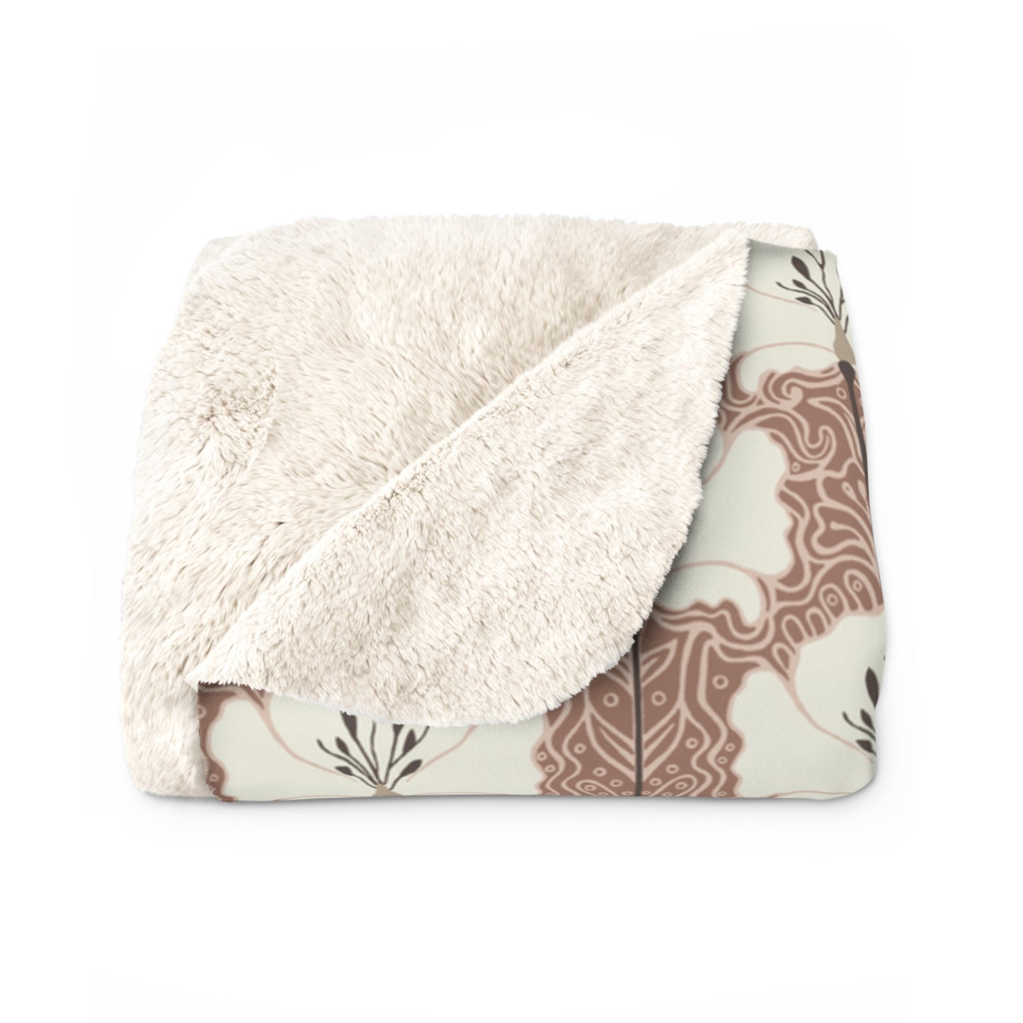 Sherpa Fleece Blanket - Mocha And Cream Poppy Flowers Art Deco