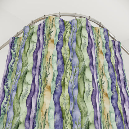 Shower Curtain - Bohemian Wavy Striped Floral With Lavender, Gold And Green