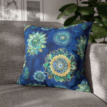 Square Pillow Cover - Coastal Blue And Gold Mandalas