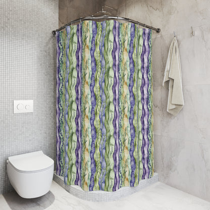 Shower Curtain - Bohemian Wavy Striped Floral With Lavender, Gold And Green