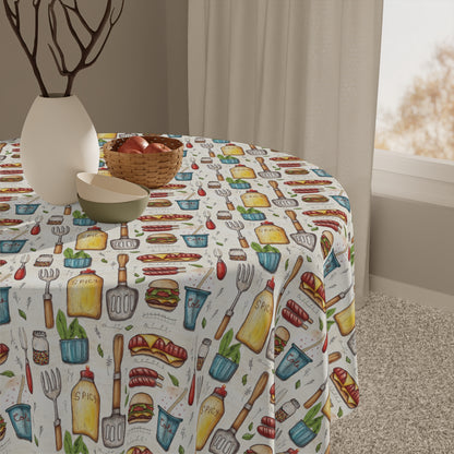 Square Tablecloth - Hotdog Hamburger BBQ Tools And Condiments For Summer BBQ's and Picnics