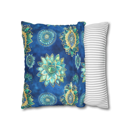 Square Pillow Cover - Coastal Blue And Gold Mandalas