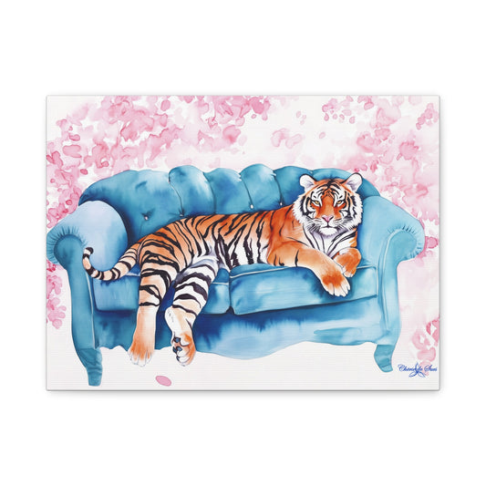 Canvas Art – Tiger Lounging On Blue Couch Wall Decor