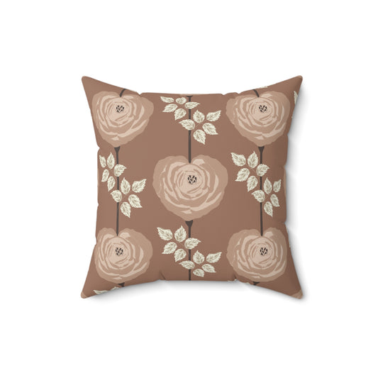 Square Pillow - Mocha And Cream Rose Heart Floral Art Decor, Art Nouveau