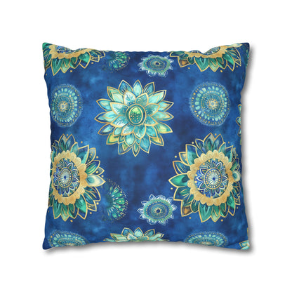 Square Pillow Cover - Coastal Blue And Gold Mandalas