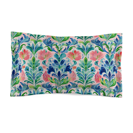 Pillow Sham - Watercolor Ogee Floral Design in Blue, Pink, and Green