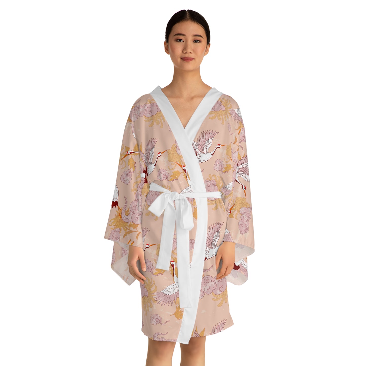 Kimono Robe - Elegant Crane Long Sleeve Bath Cover Up