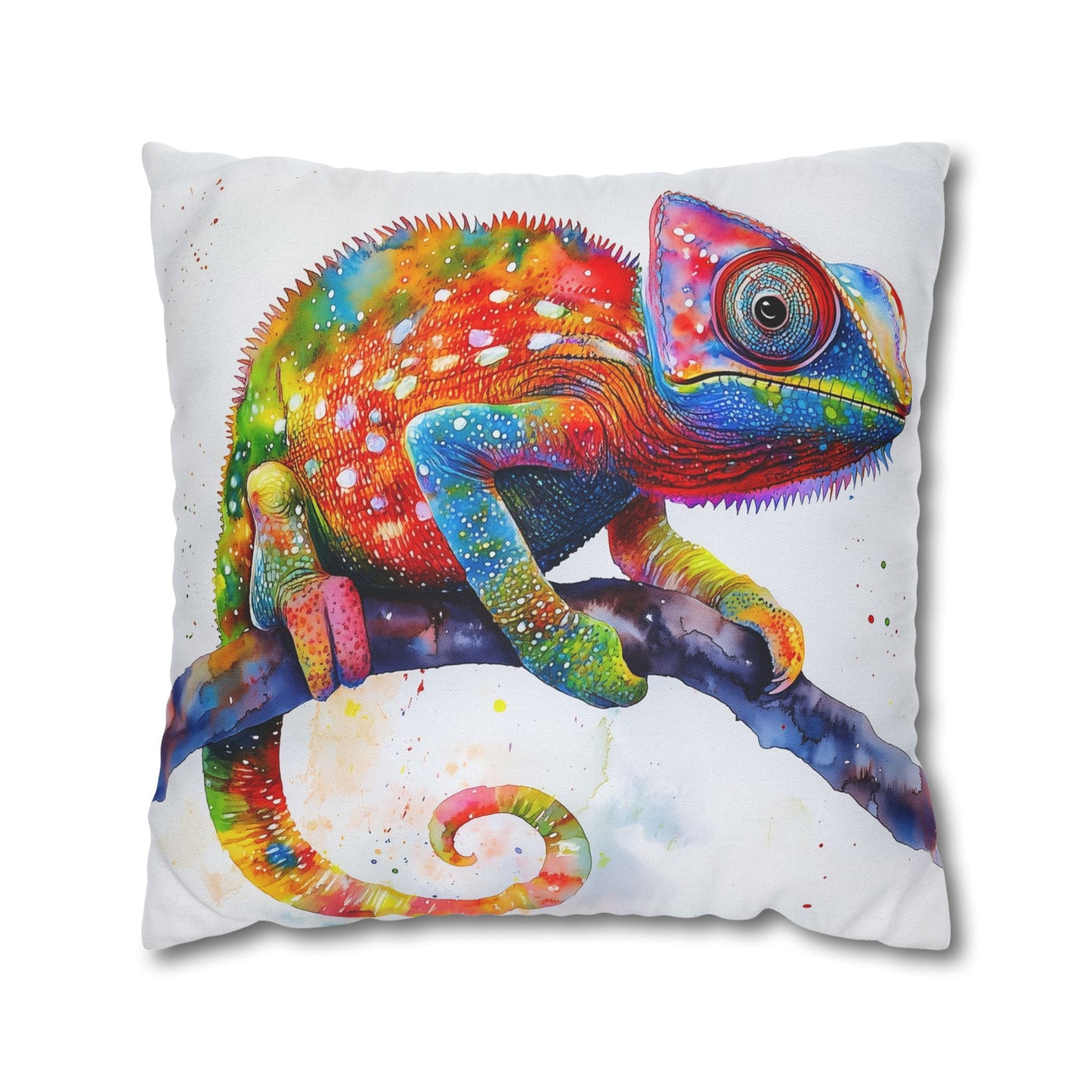 Square Pillow Cover – Colorful Chameleon Watercolor