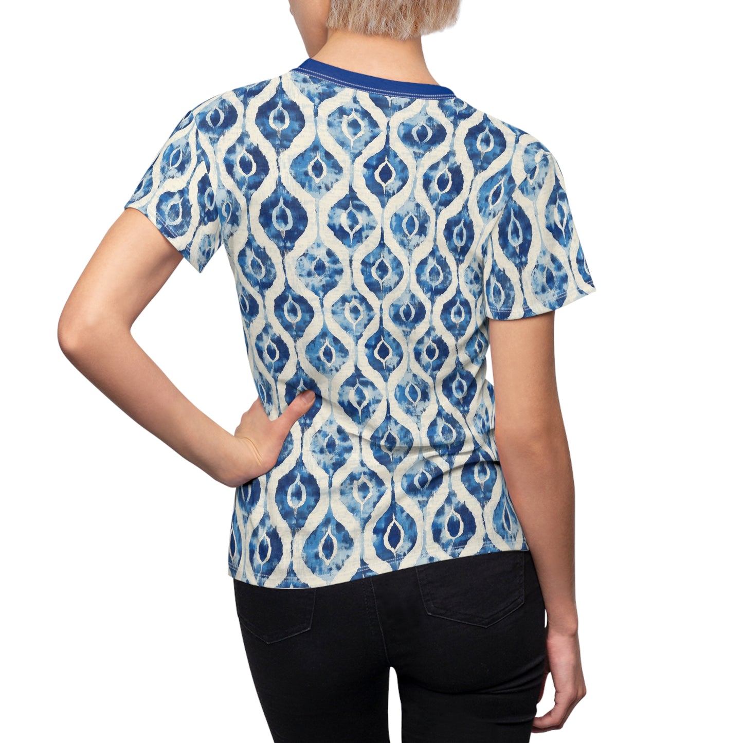 Women's Tee - Indonesian Blue and White Ink Ikat Diamonds