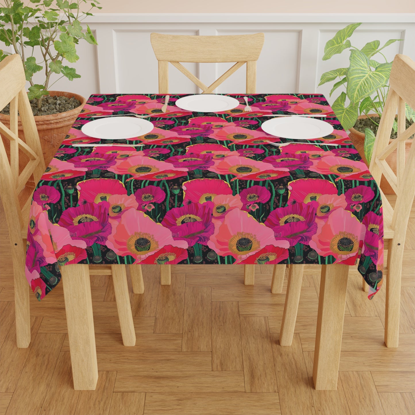 Square Tablecloth - Fuchsia Pink Poppies Perfect for Celebrations & Gatherings