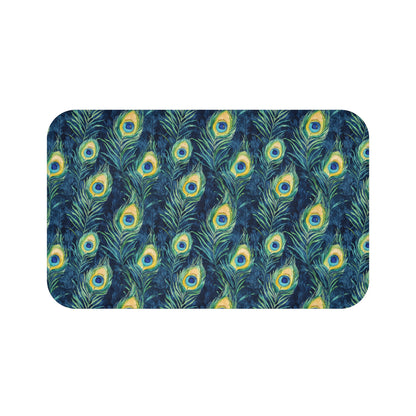 Bath Mat - Elegant Peacock Feathers In Navy, Aqua And Gold
