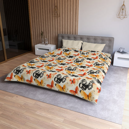 Duvet Cover - Japanese Butterflies Watercolor In Black, Orange And Yellow