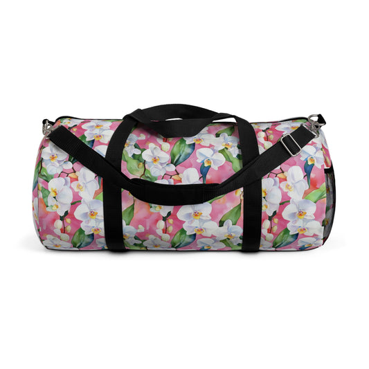 Duffel Bag - White Orchids Watercolor Pink Background Floral Overnighter
