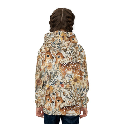 Children's Hoodie - Forest Deer In Brown, Ivory, Green And Yellow