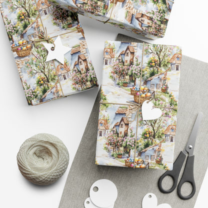 Wrapping Paper - Easter Bunny Village Watercolor Toile Gift Wrap