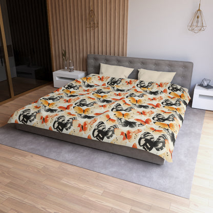 Duvet Cover - Japanese Butterflies Watercolor In Black, Orange And Yellow