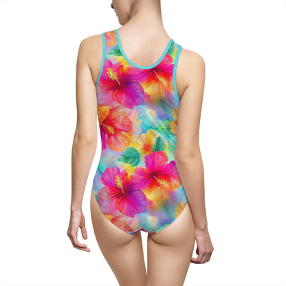 Women's Swimsuit - Hawaiian Hibiscus Floral Aqua, Chartreuse, Fuchsia Resort Beach Look