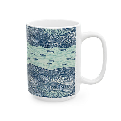 Ceramic Mug - Coastal Ocean Waves With School Of Fish