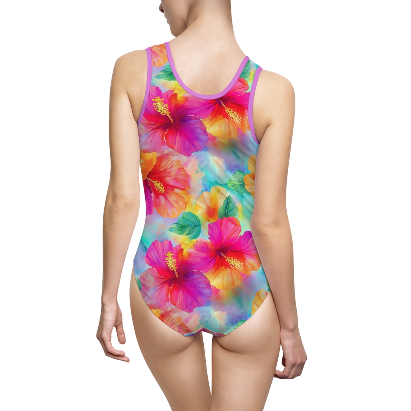 Women's Swimsuit - Hawaiian Hibiscus Floral Aqua, Chartreuse, Fuchsia Resort Beach Look