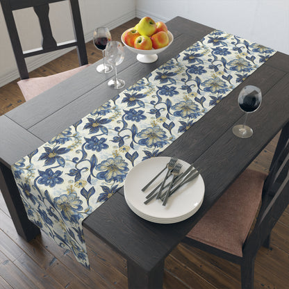 Table Runner - Ornamental Flowers In Blue, Gold And Ivory