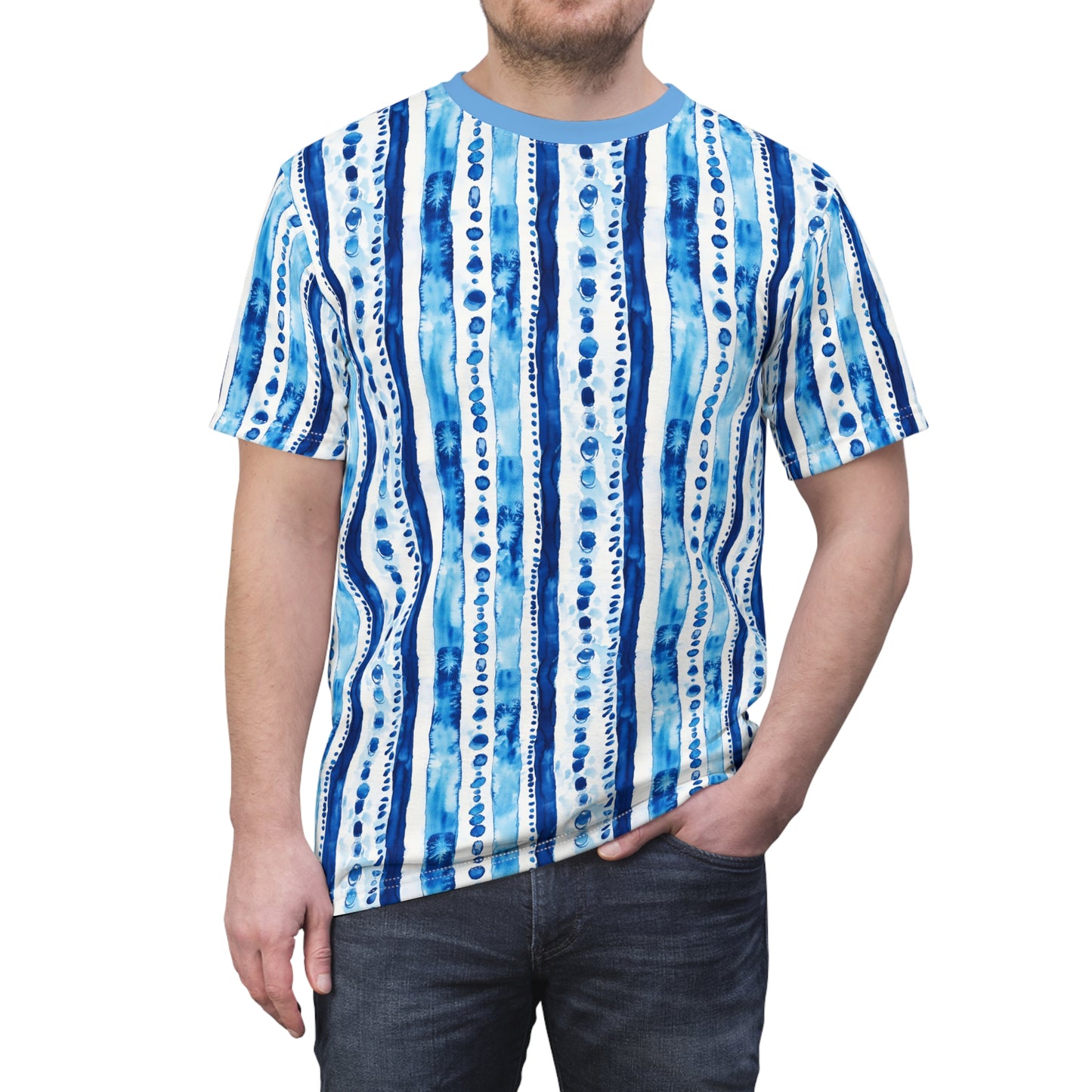 Men's Tee - Coastal Blue And White Ikat Watercolor