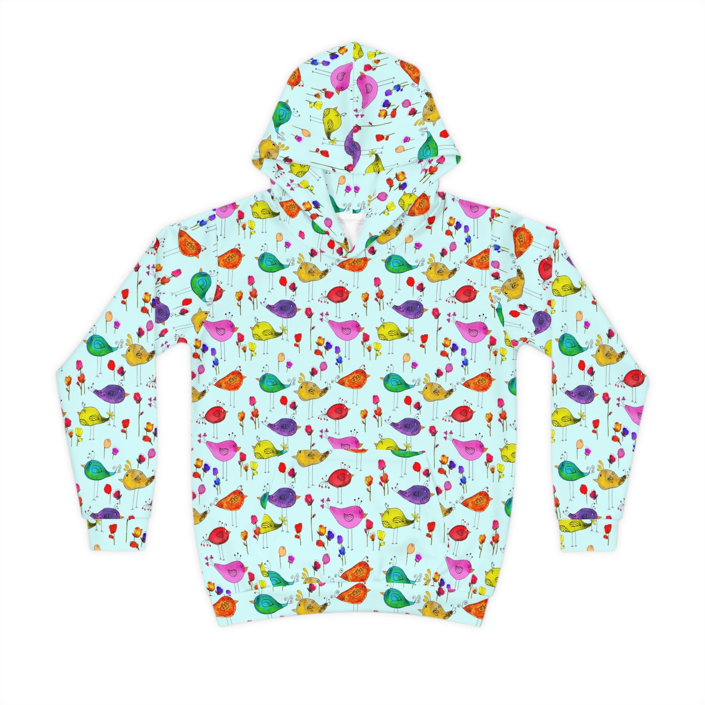 Children's Hoodie - Colorful Watercolor Silly Birds And Flowers On Blue Sky