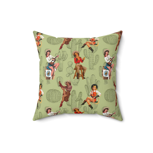 Square Pillow - Country Western Pin Up Cowgirls Faux Suede