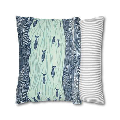 Square Pillow Cover - Coastal Nautical Waves And Fish