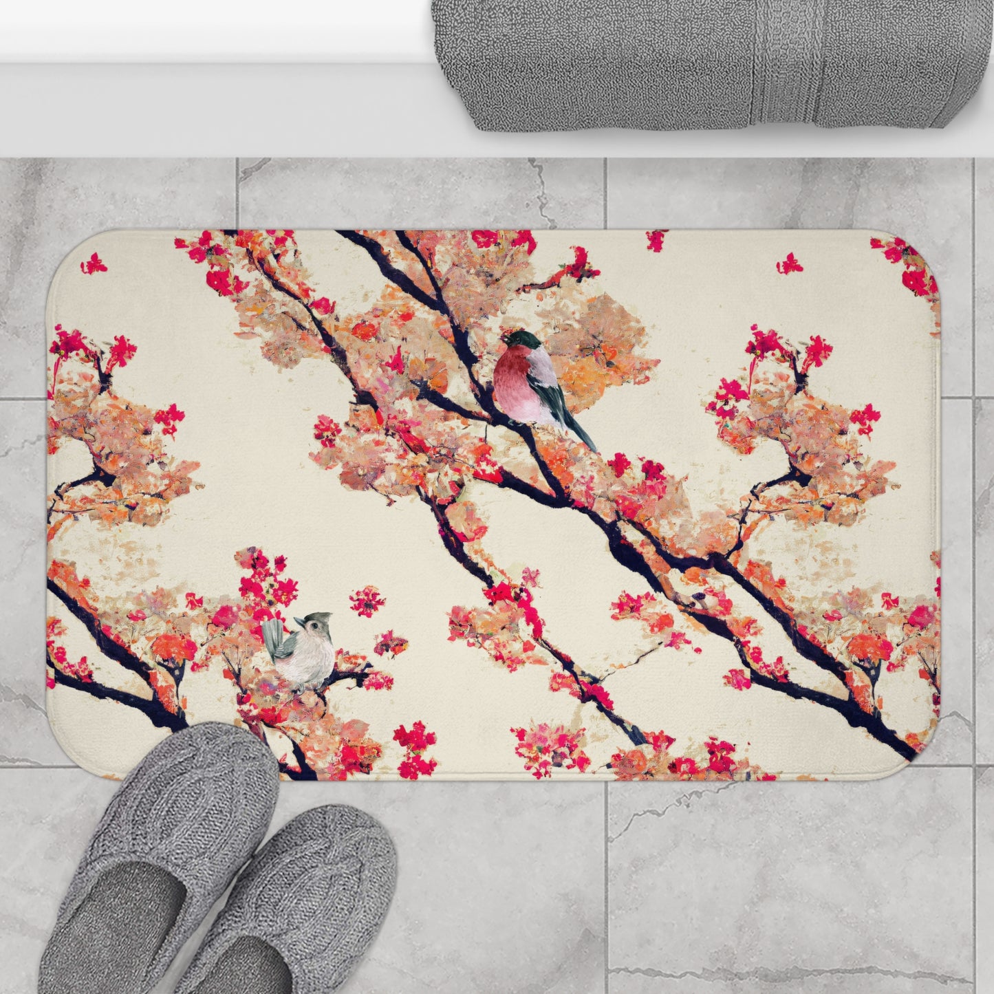 Bath Mat - Vintage Asian Chinoserie Floral With Birds