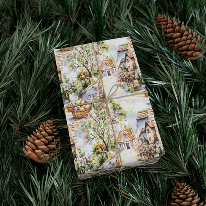 Wrapping Paper - Easter Bunny Village Watercolor Toile Gift Wrap