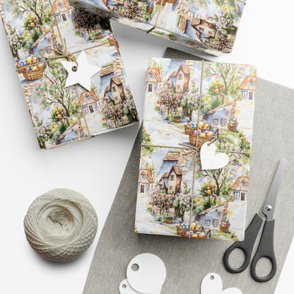 Wrapping Paper - Easter Bunny Village Watercolor Toile Gift Wrap