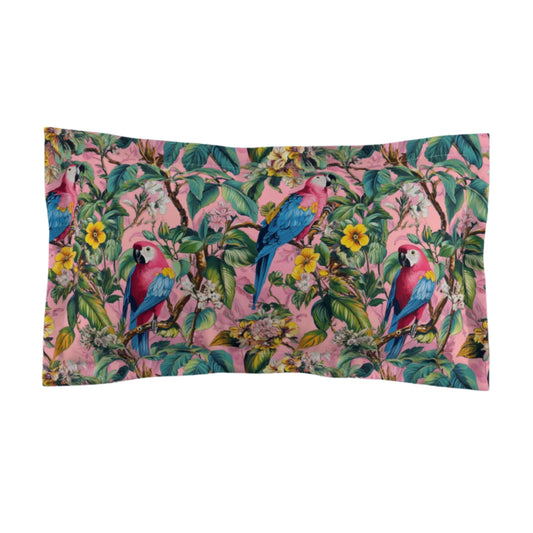 Microfiber Pillow Sham - Edwardian Tropical Parrots In Vibrant Floral Design
