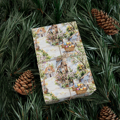Wrapping Paper - Easter Bunny Village Watercolor Toile Gift Wrap