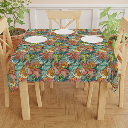 Square Tablecloth - Tropical Iris Flowers With Animal Print Abstract