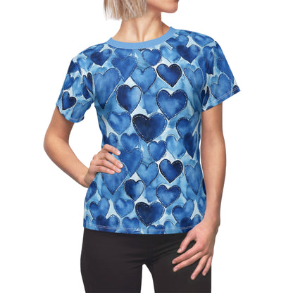 Women's Tee - Watercolor Blue Jean Hearts with Silver Stitching Outlines