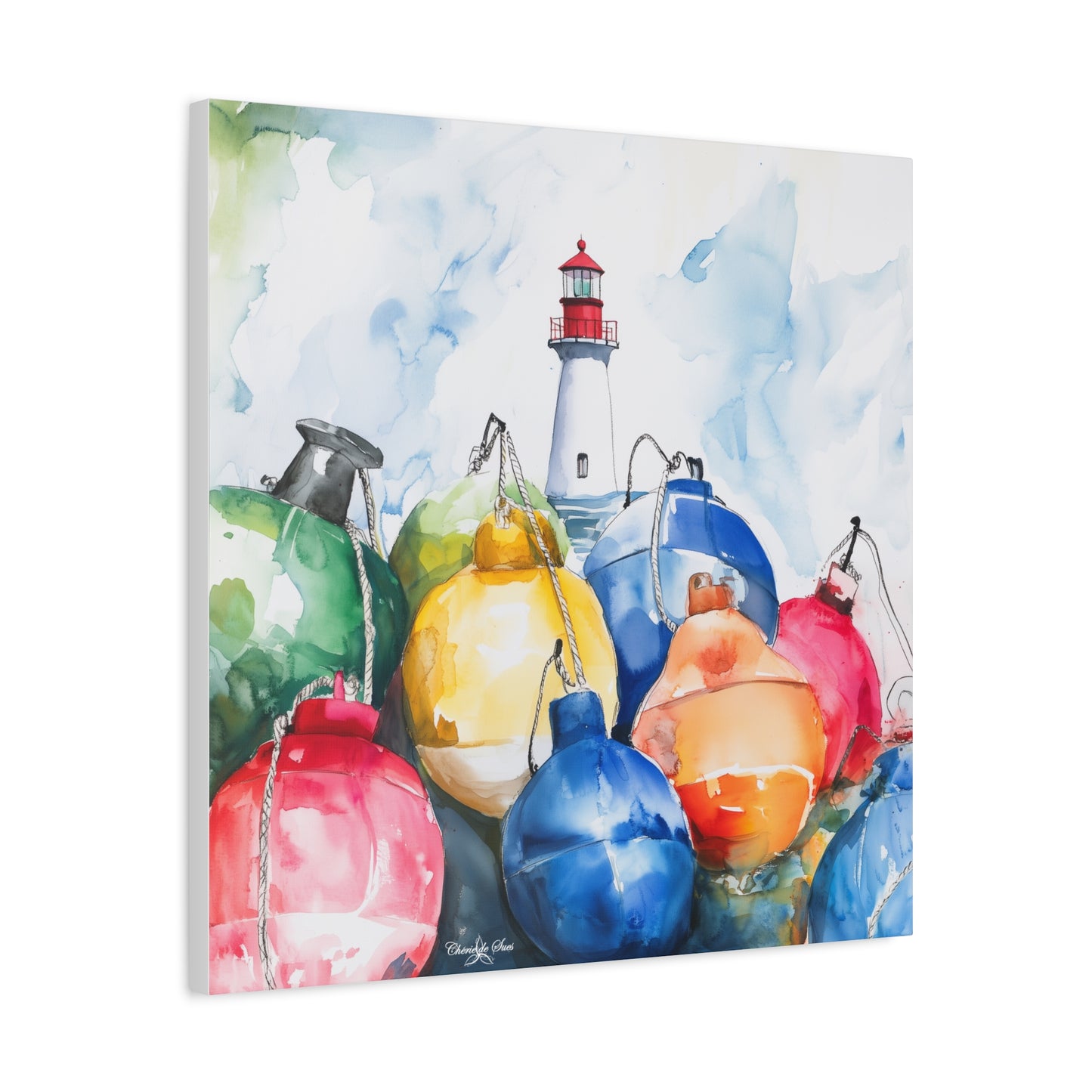 Canvas Art - Coastal Lighthouse And Colorful Buoys Wall Decor