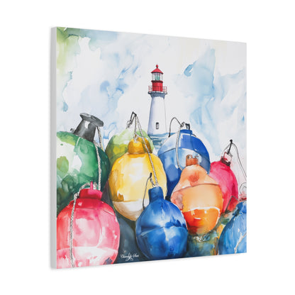 Canvas Art - Coastal Lighthouse And Colorful Buoys Wall Decor