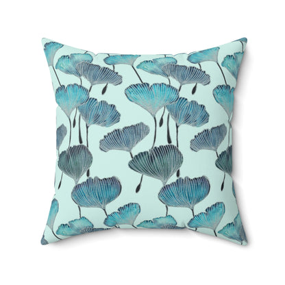 Square Pillow - Coastal Aqua Gingko Leaves Faux Suede
