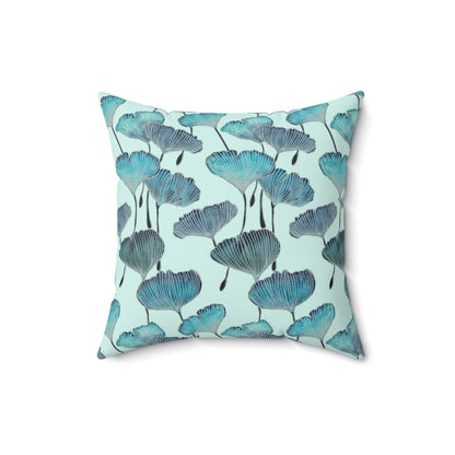 Square Pillow - Coastal Aqua Gingko Leaves Faux Suede