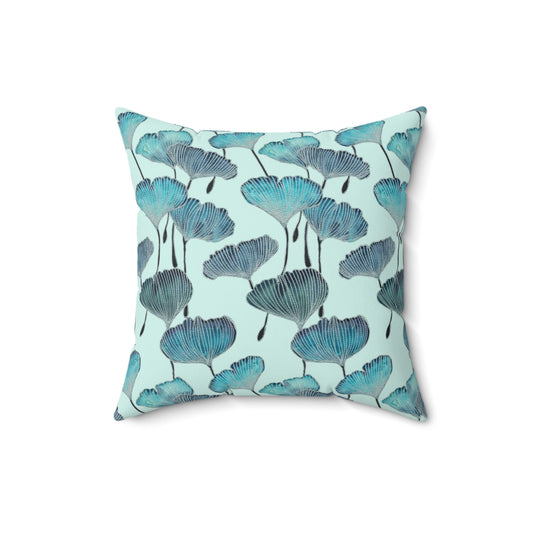 Square Pillow - Coastal Aqua Gingko Leaves Faux Suede