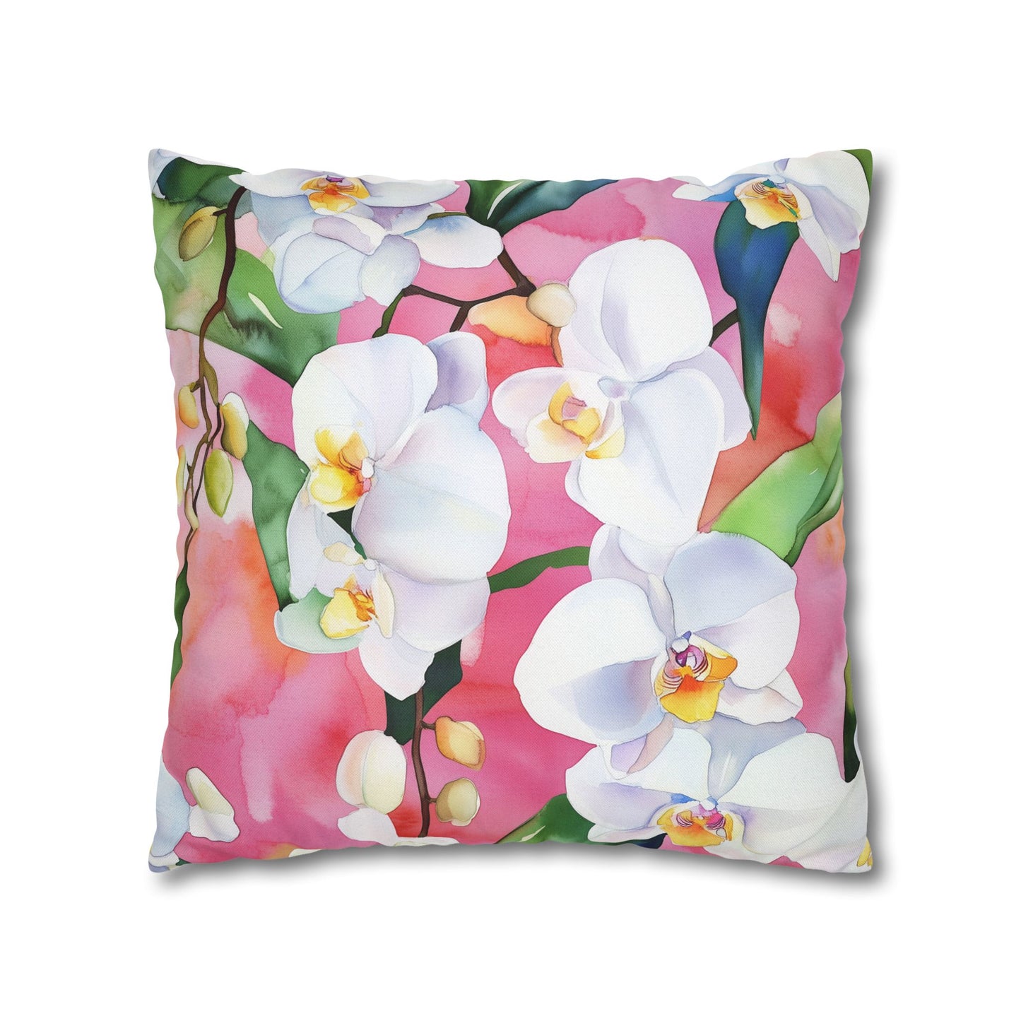 Square Pillow Cover - White Orchids On Pink Background